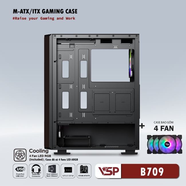 CASE VSP GAMING Mid Tower B709 Black 4Fans Led