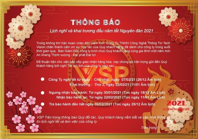 Trân trọng thông báo Quý khách hàng và đối tác lịch nghỉ và khai trương Tết nguyên đán 2021 của công ty