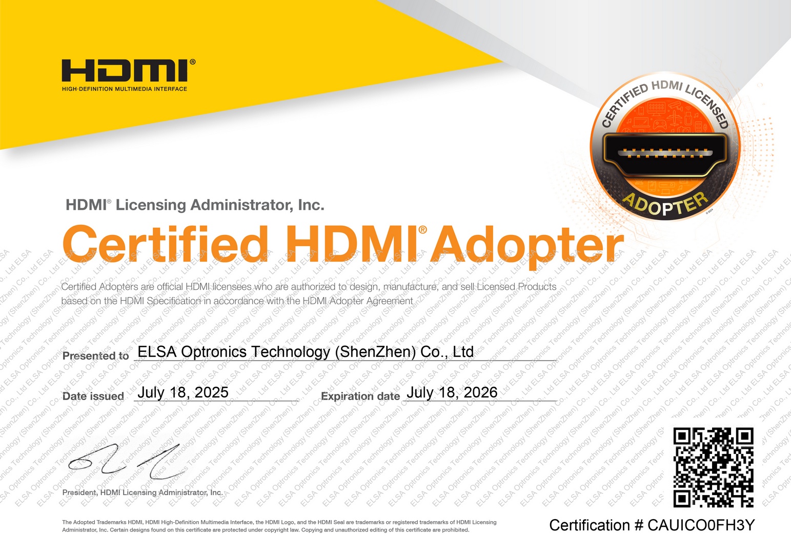 ELSA Optronics Technology (ShenZhen) Co., Ltd. - Đối tác sản xuất màn hình VSP đạt chứng nhận HDMI® Certified Adopter