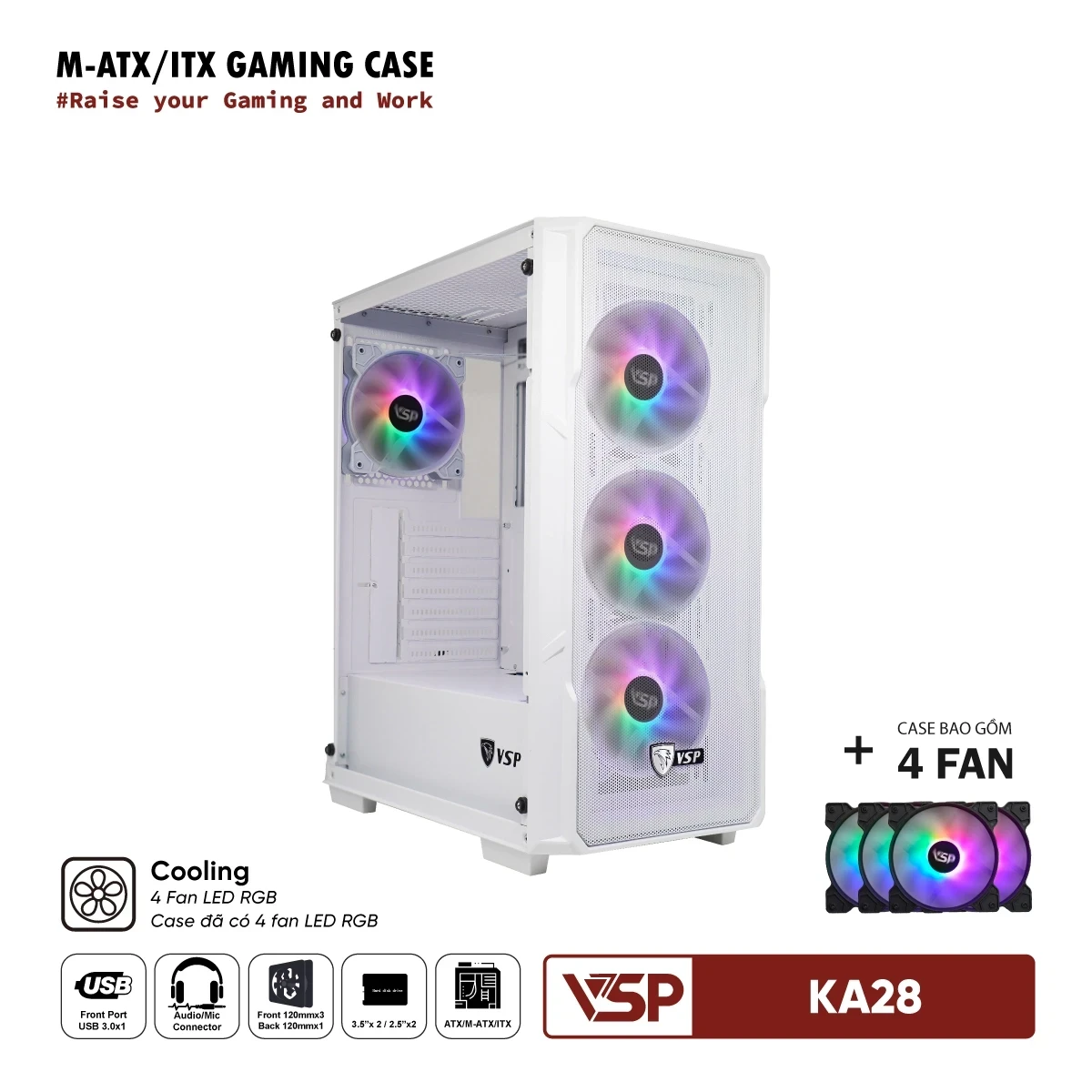 Vỏ Case Máy Tính VSP Gaming KA28 - Trắng + 4fans Led
