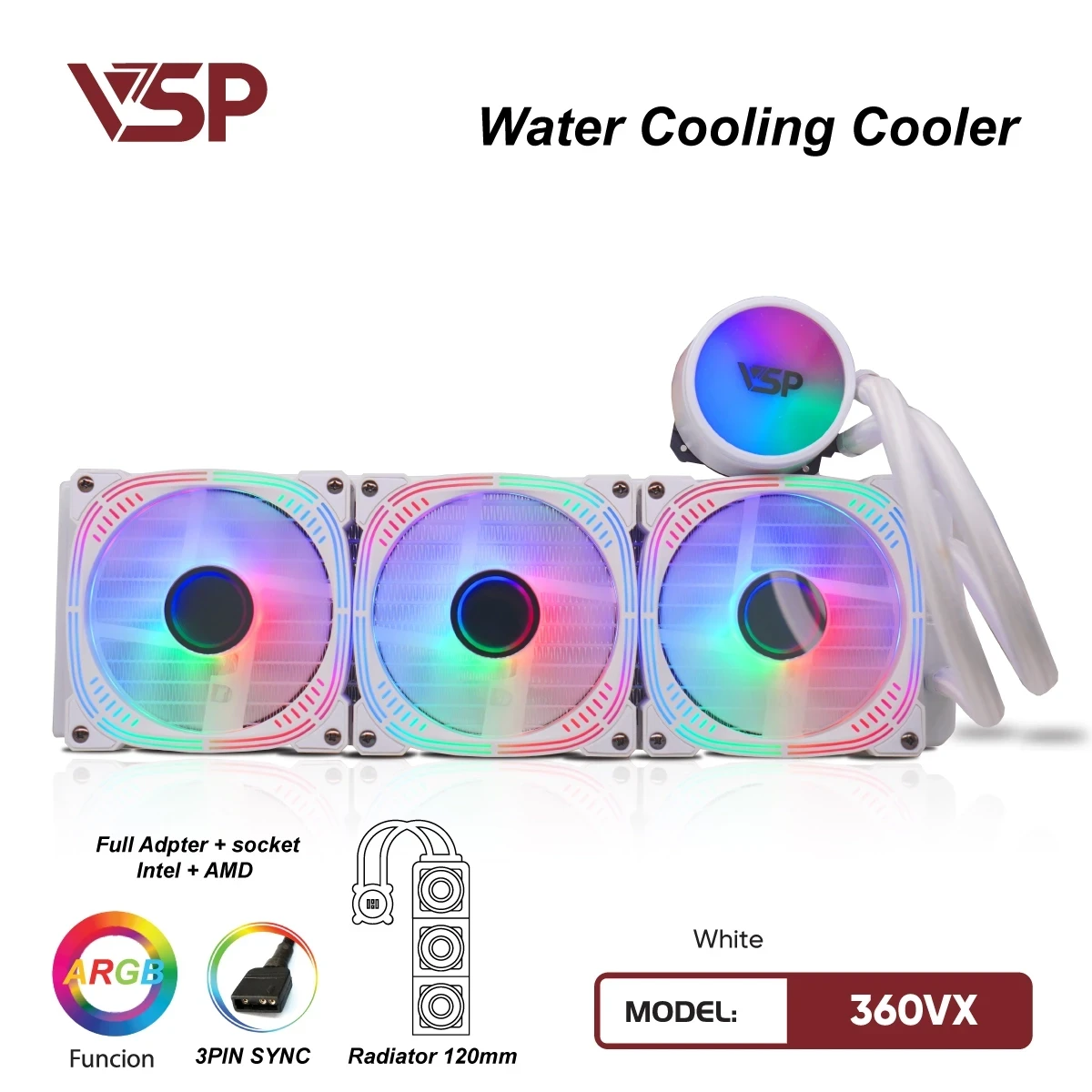Tản Nhiệt Nước AIO VSP 360VX Trắng (ARGB 3-Pin Sync / 360mm / Bơm Ceramic)