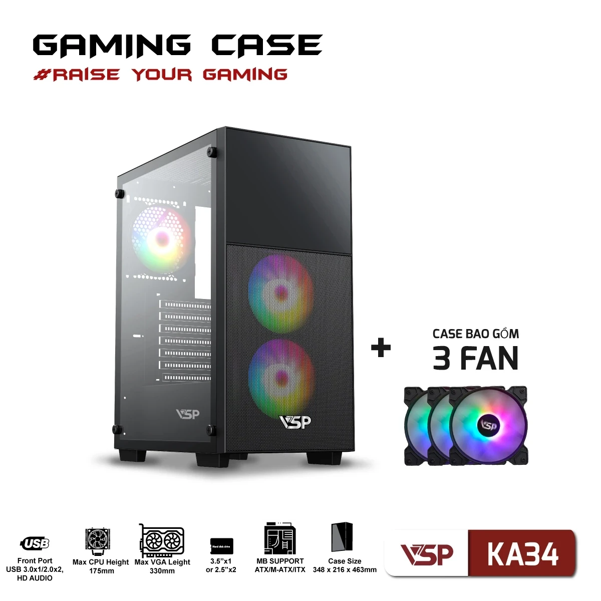Vỏ Case Máy Tính Gaming KA34 + Kèm 3 fan