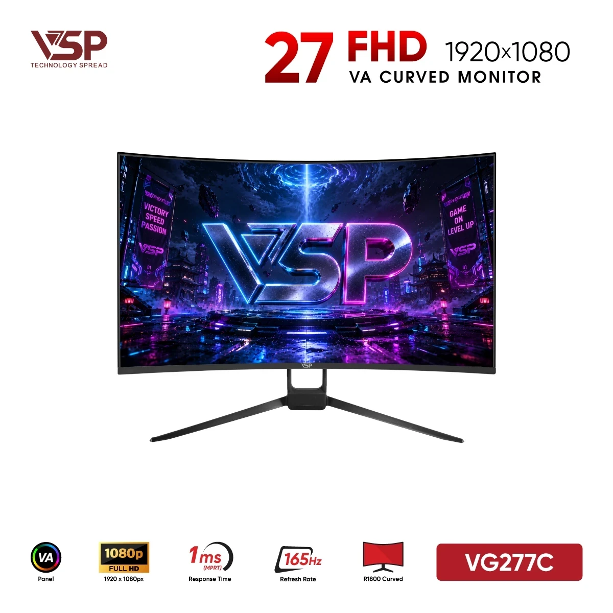 Màn Hình Gaming VSP VG277C (27 inch / FHD / VA / 165Hz / 1ms)