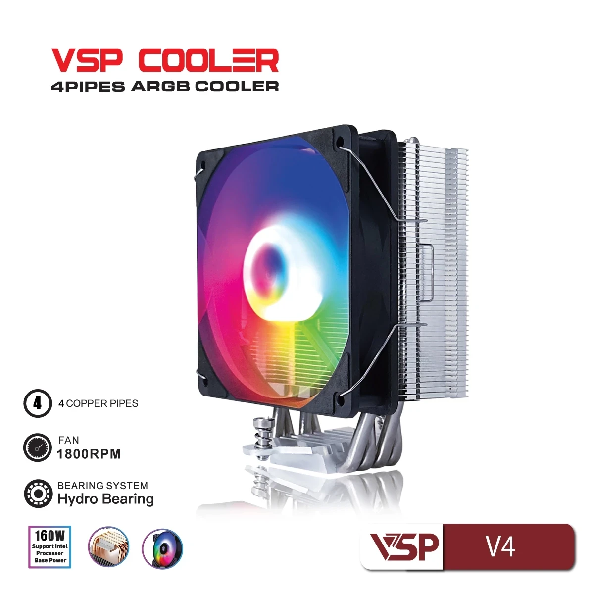 Tản Nhiệt Khí VSP Cooler V4 (LED RGB / 4 Ống Đồng / Fan PWM 120mm / TDP 160W)