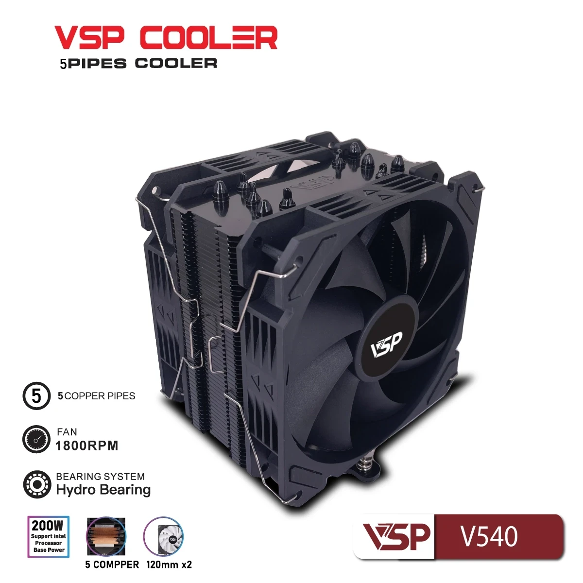 Tản Nhiệt Khí VSP Cooler V540 (Đen / 5 Ống Đồng / Dual Fan 120mm / TDP 200W)