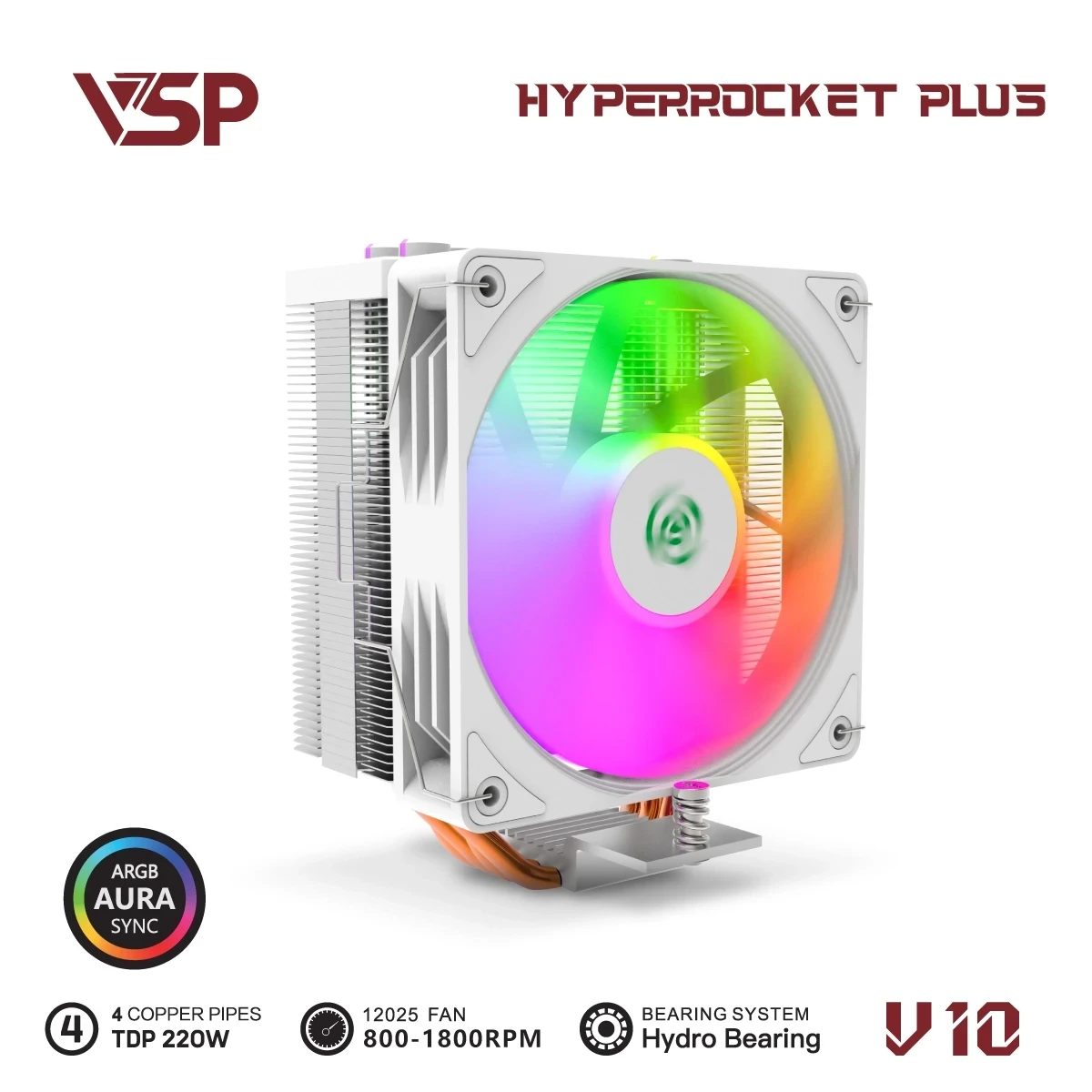 Tản Nhiệt Khí VSP V10 HYPERROCKET PLUS Trắng (LED ARGB / 4 Ống Đồng / PWM 120mm / TDP 220W)