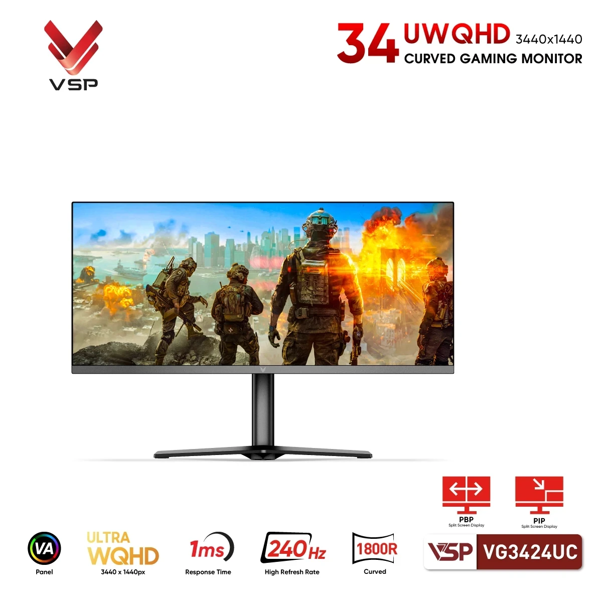 Màn Hình Cong AiVision VG3424UC (34inch / UWQHD / VA / 1800R / HDR / 240hz / 1ms / FreeSync)
