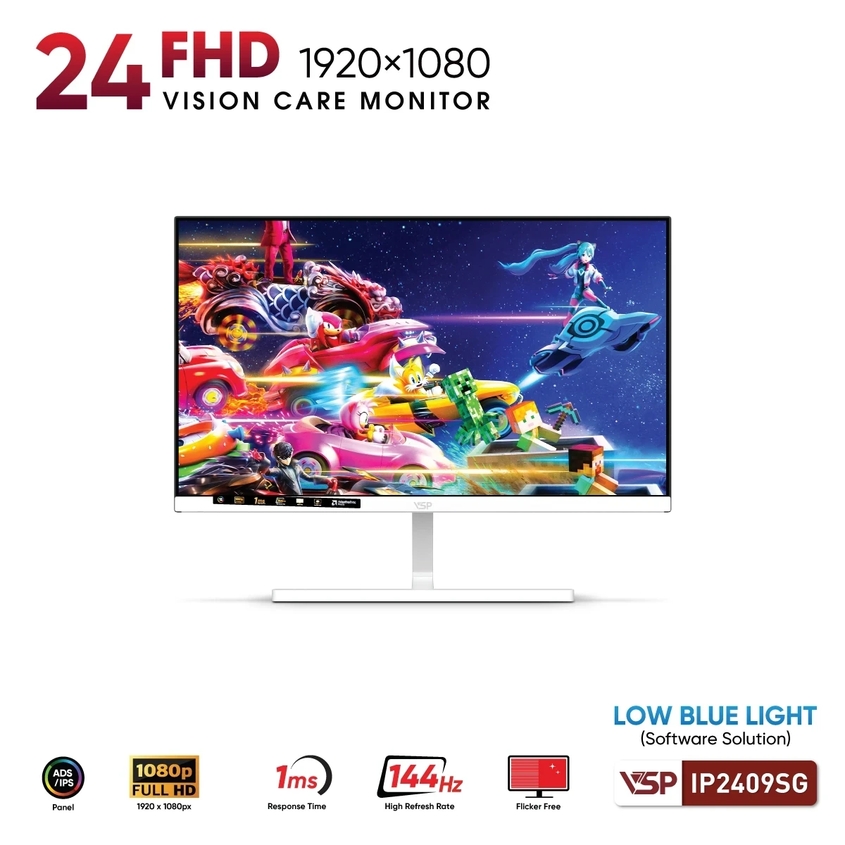 Màn Hình VSP IP2409SG (24inch / IPS / FHD / 144Hz / 1ms / FreeSync / Adaptive Sync / White)