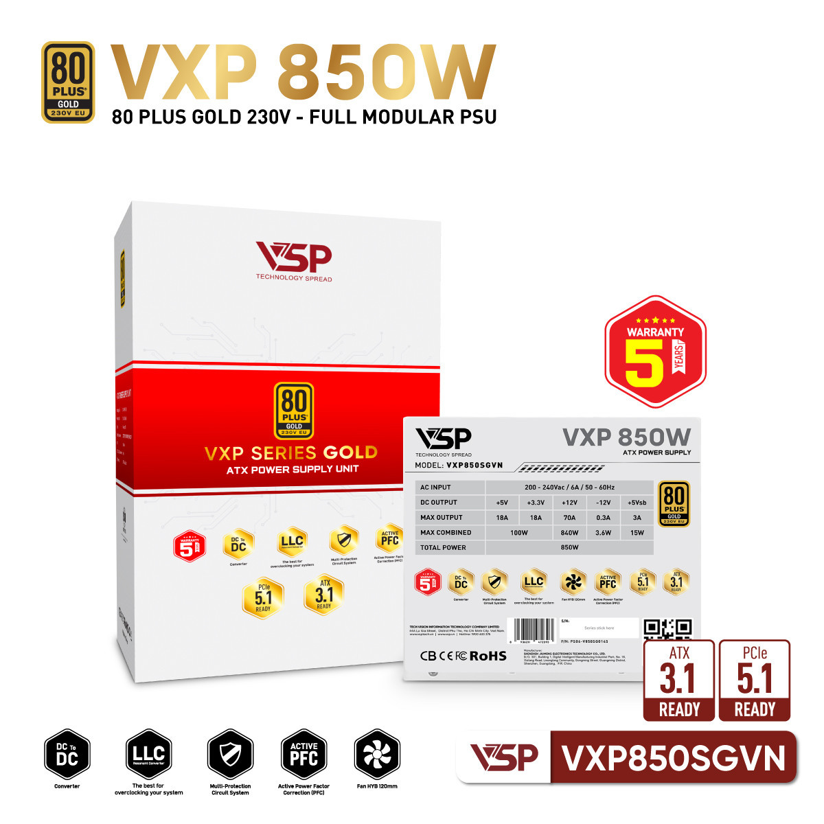 Bộ nguồn VSP VXP850SGVN - 80 Plus Gold - 850W - Full modular - White
