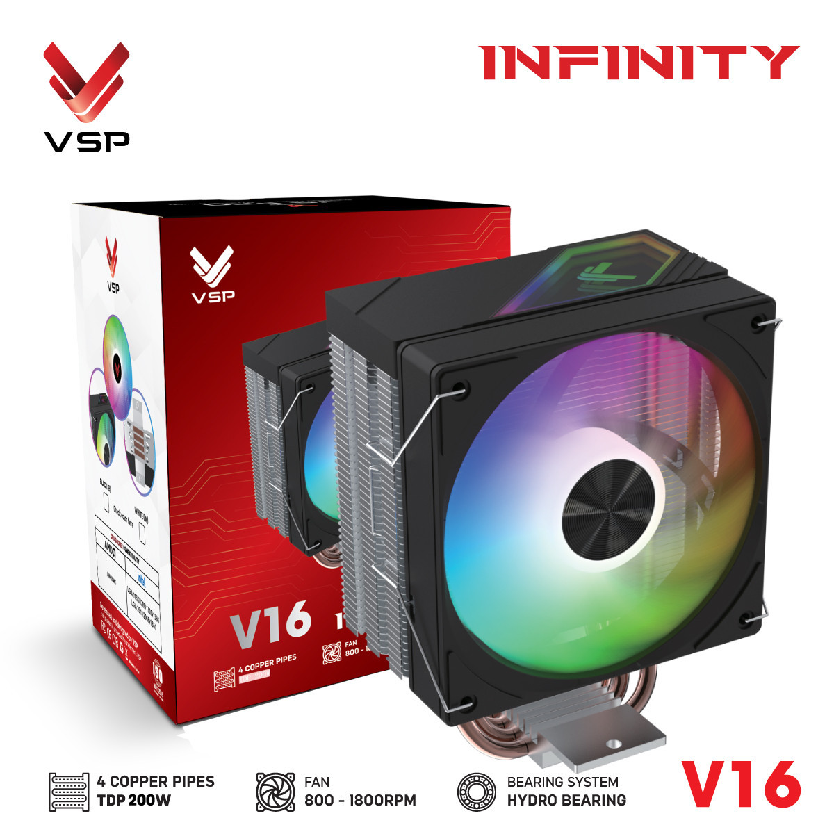Tản Nhiệt Khí VSP V16 Đen (TDP 200W / 4 Ống Đồng / Hydro Bearing)