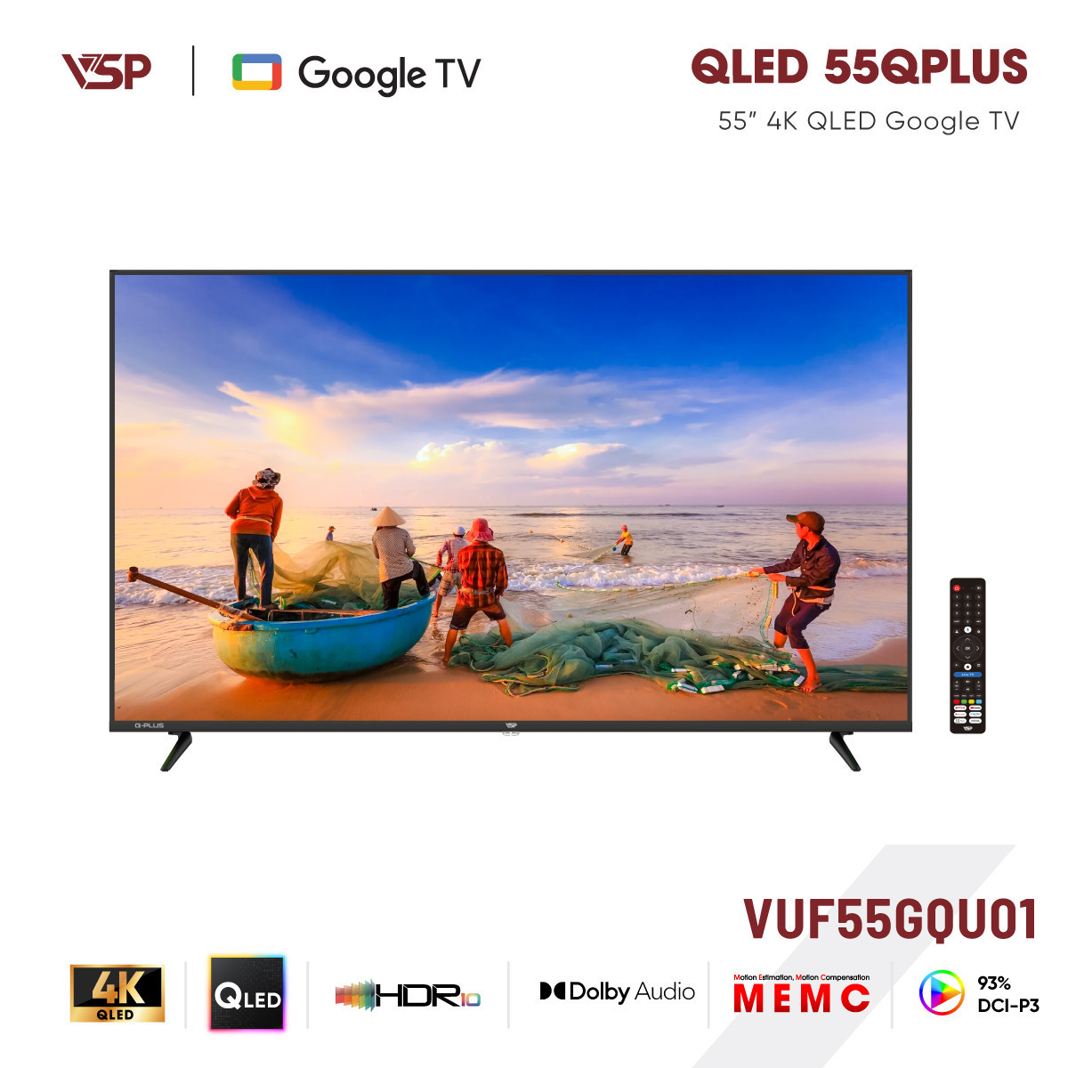 VSP Smart TV 55 inch Q-PLUS Series (4K QLED / Google TV / HDR10 / MEMC / DVB-T2)