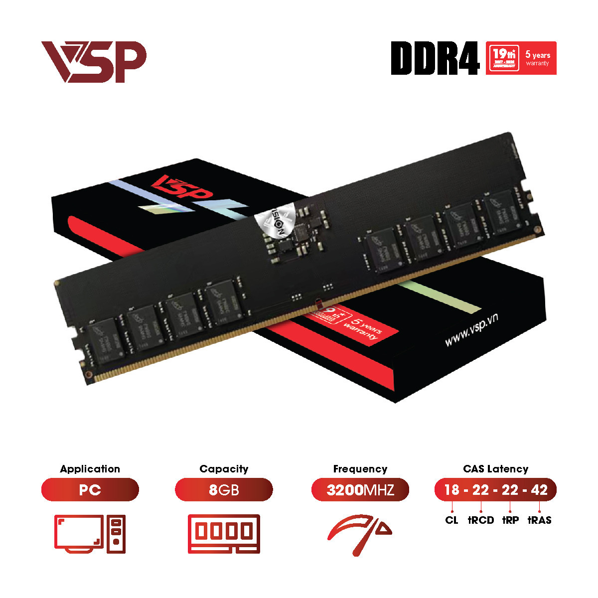 Bộ Nhớ RAM VSP 8GB DDR4 3200MHz (Mạch Đen / CL18 / 1.35V)
