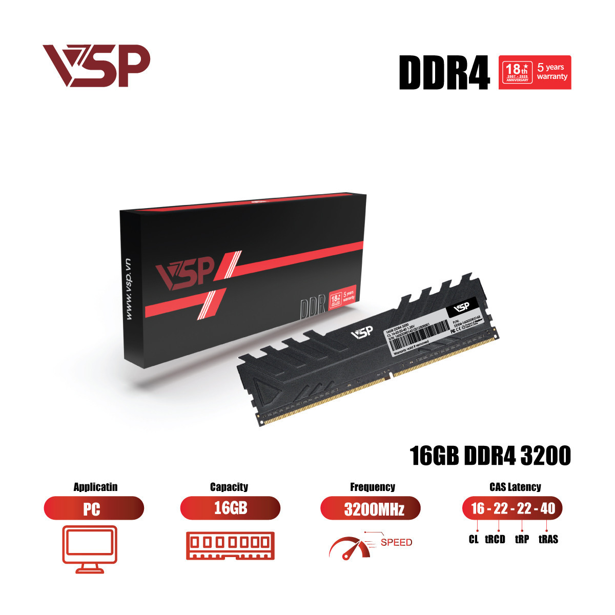 Bộ Nhớ RAM VSP 16GB DDR4 3200MHz (Tản Nhiệt Đen / CL16 / 1.2V)