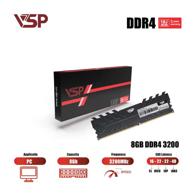 Bộ Nhớ RAM VSP 8GB DDR4 3200MHz (Tản Nhiệt Đen / CL16 / 1.2V)