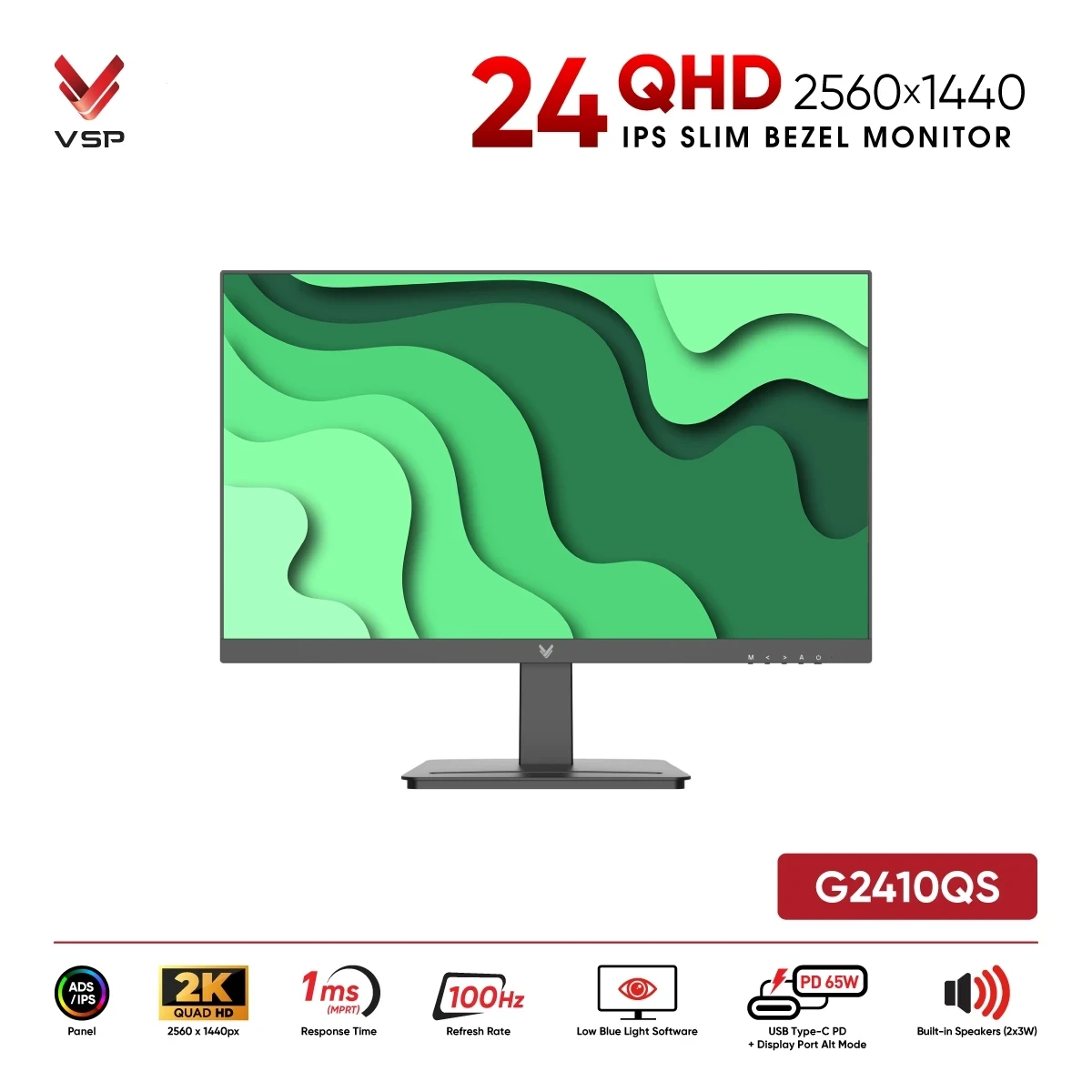 Màn Hình VSP G2410QS (24inch / 2K QHD / IPS / 100Hz / Type-C PD 65W / Loa kép)