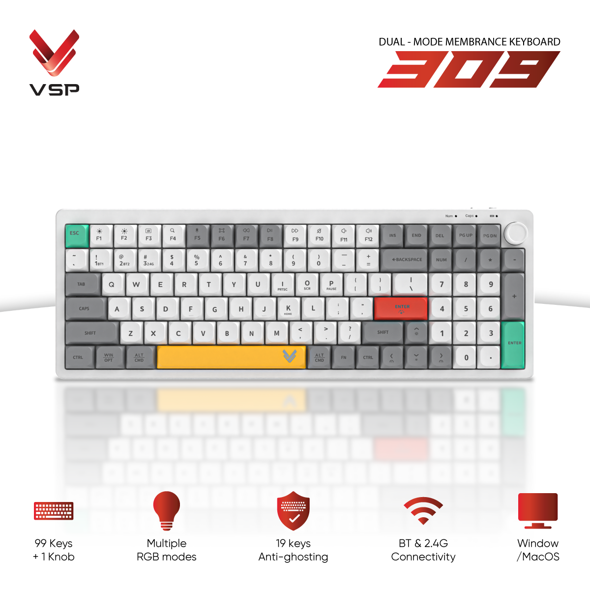 Bàn Phím Không Dây VSP 309 Dual Mode (Membrane / 99 Phím + Núm Xoay / Bluetooth & 2.4G / RGB)