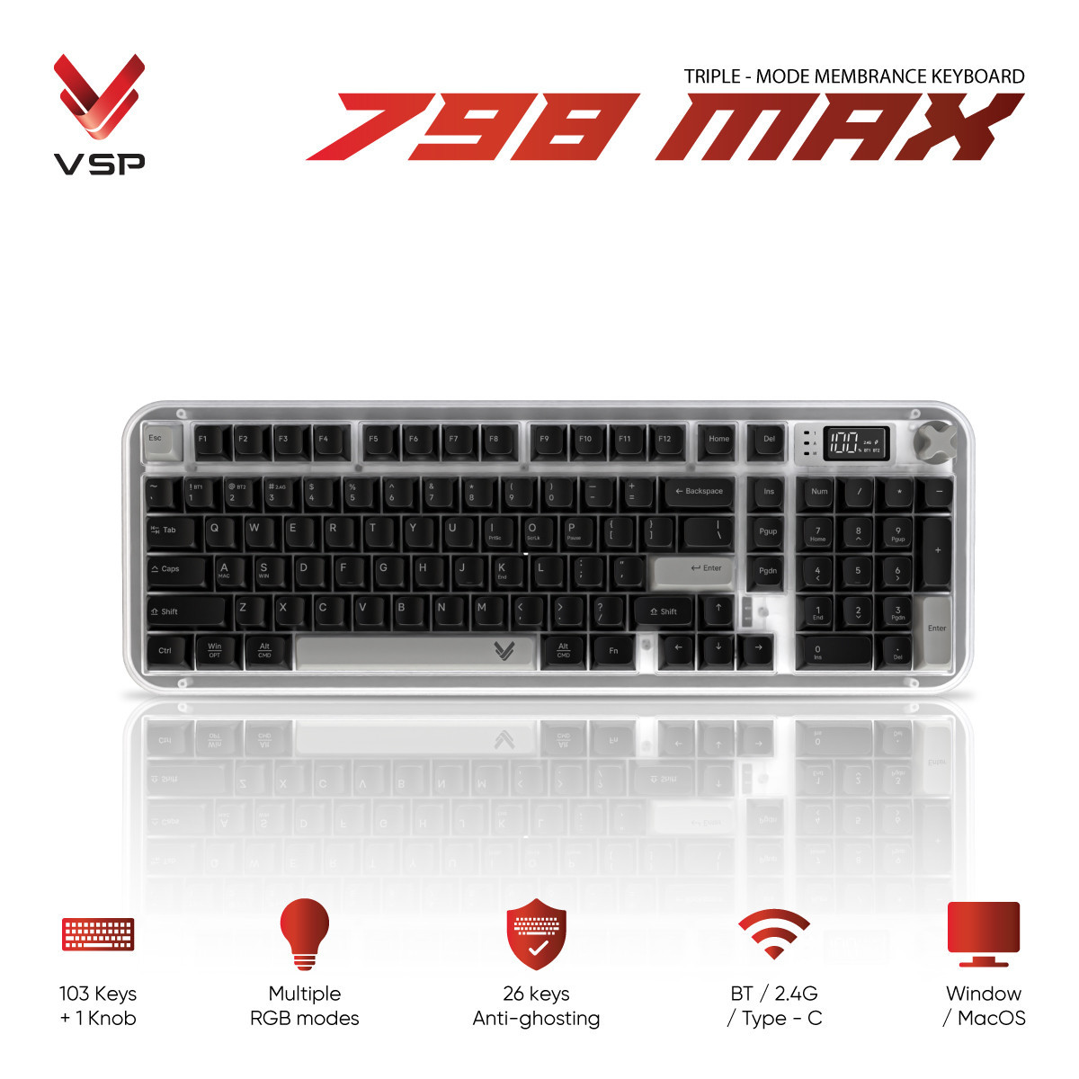 Bàn Phím Không Dây 3 Chế Độ VSP 798MAX Black (Membrane / 103 Phím / Màn Hình Digital / RGB / 4000mAh)