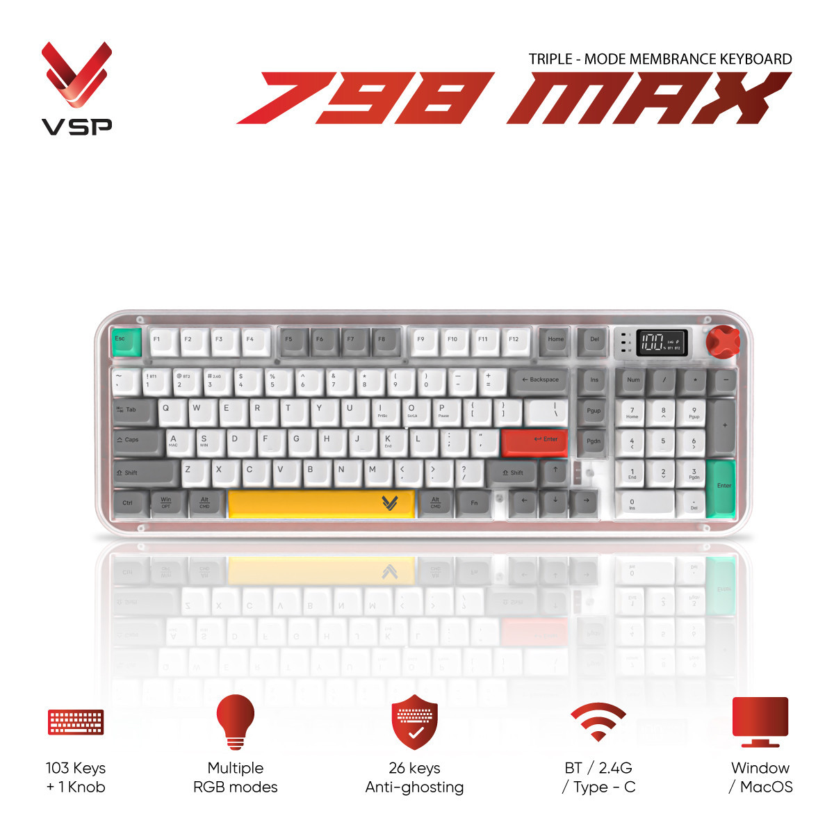 Bàn Phím Không Dây 3 Chế Độ VSP 798MAX White (Membrane / 103 Phím / Màn Hình Digital / RGB / 4000mAh)