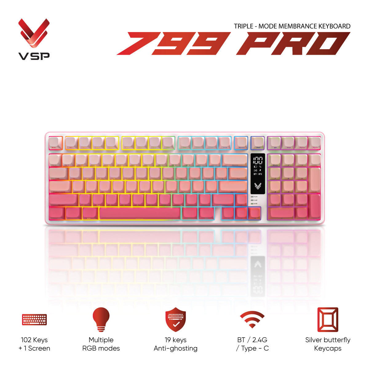 Bàn Phím Không Dây 3 Chế Độ VSP 799PRO Pink (Membrane / 102 Phím / Màn Hình Digital / RGB / 4000mAh)