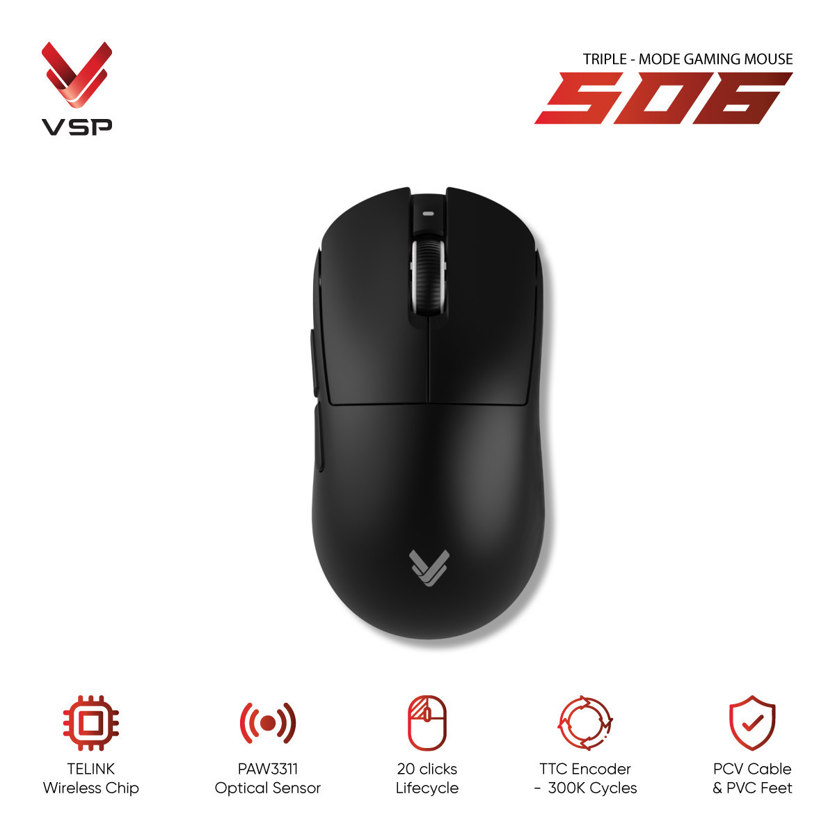 Chuột Gaming Không Dây 3 Chế Độ VSP 506 Đen (PAW3311 / Huano 20M / Triple Mode)