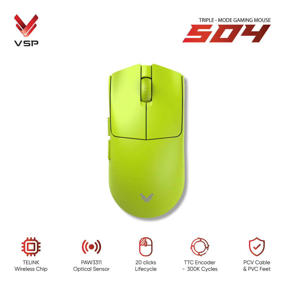 Chuột Gaming Không Dây 3 Chế Độ VSP 504 Green (PAW3311 / Huano 20M / Triple Mode)