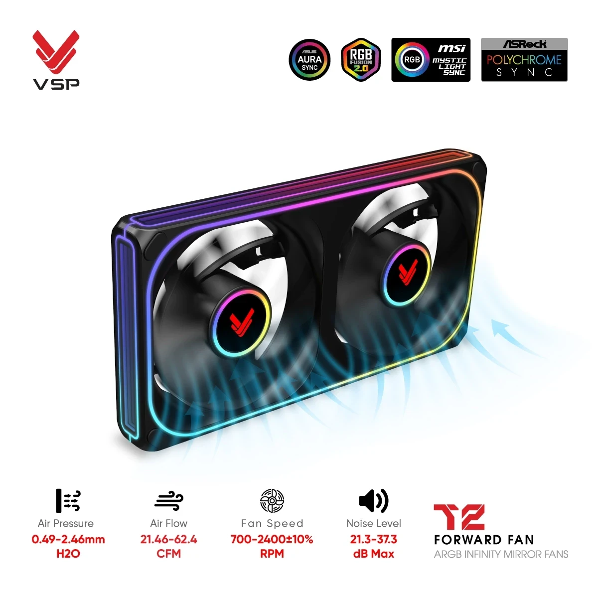 Quạt Tản Nhiệt VSP T2 Forward Fan Đen (ARGB Infinity Mirror / Fan Đôi Liền Khối)