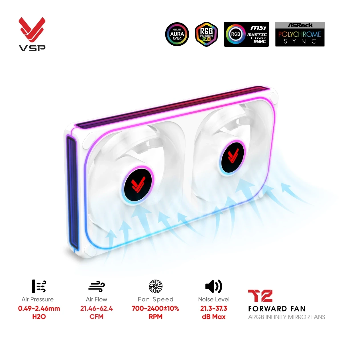 Quạt Tản Nhiệt VSP T2 Forward Fan Trắng (ARGB Infinity Mirror / Fan Đôi Liền Khối)