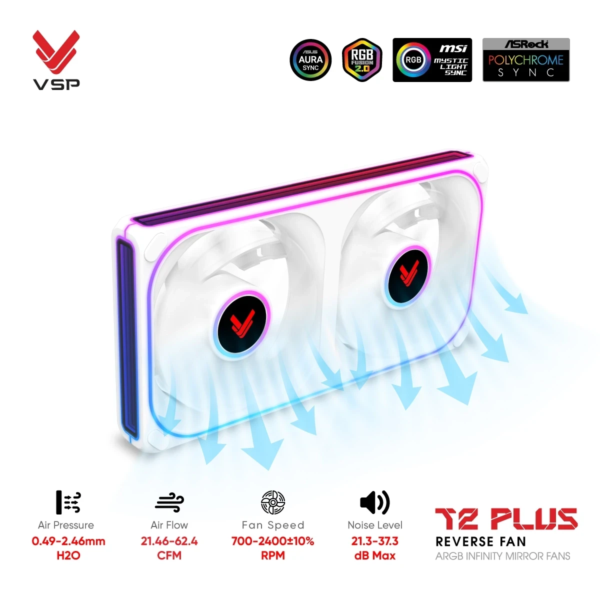 Quạt Tản Nhiệt VSP T2 PLUS Reverse Fan Trắng (ARGB Infinity Mirror / Fan Đôi Cánh Ngược)