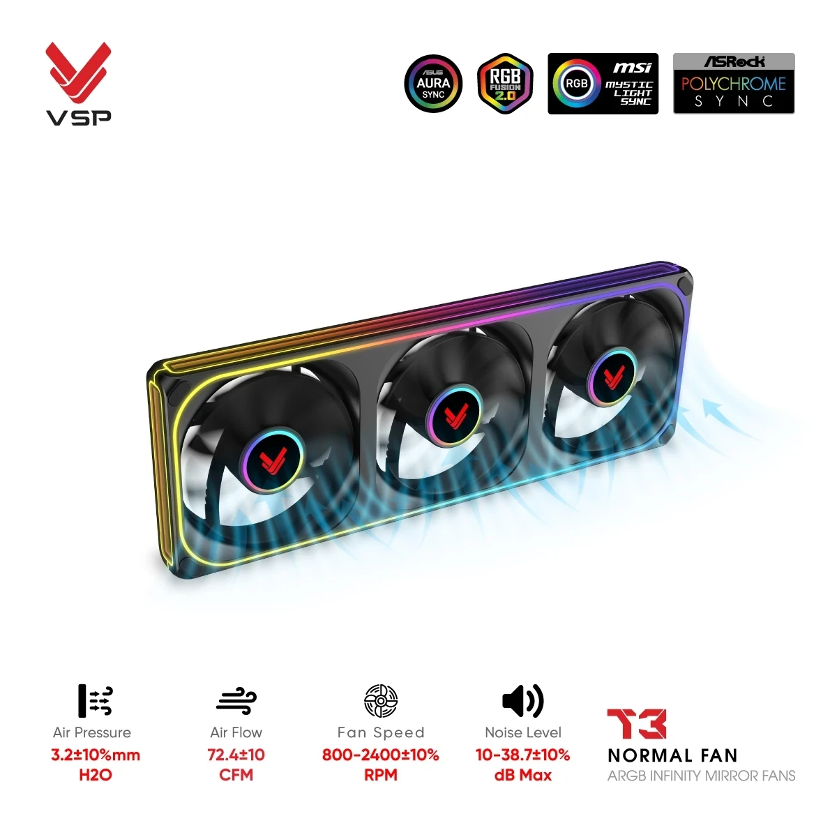 Quạt Tản Nhiệt VSP T3 Normal Fan Đen (ARGB Infinity Mirror / Fan 3 Liền Khối)