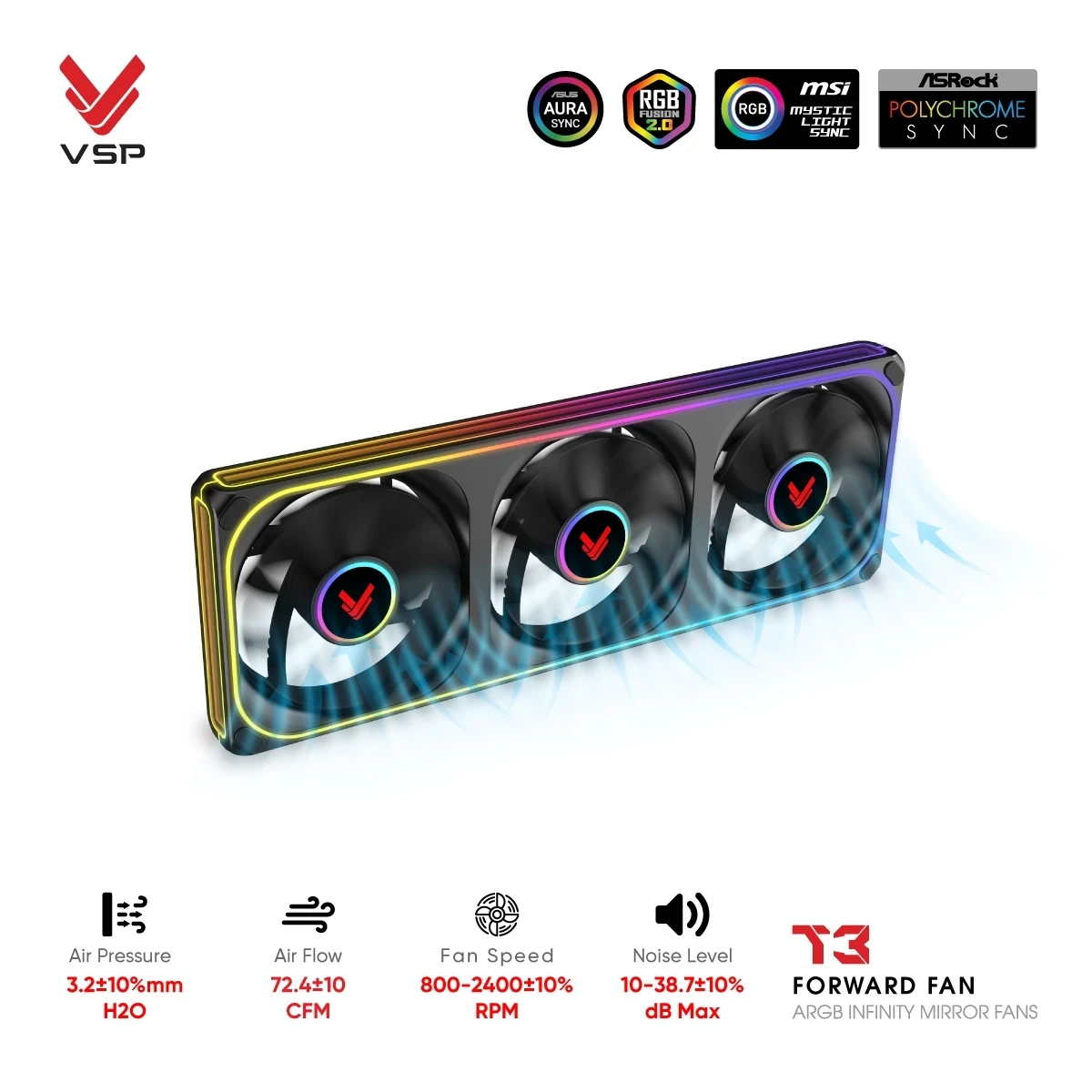 Quạt Tản Nhiệt VSP T3 Forward Fan Đen (ARGB Infinity Mirror / Fan 3 Liền Khối)