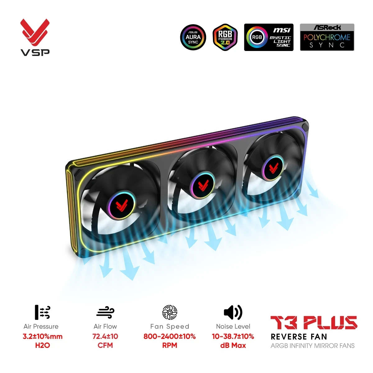 Quạt Tản Nhiệt VSP T3 PLUS Reverse Fan Đen (ARGB Infinity Mirror / Fan 3 Liền Khối Cánh Ngược)
