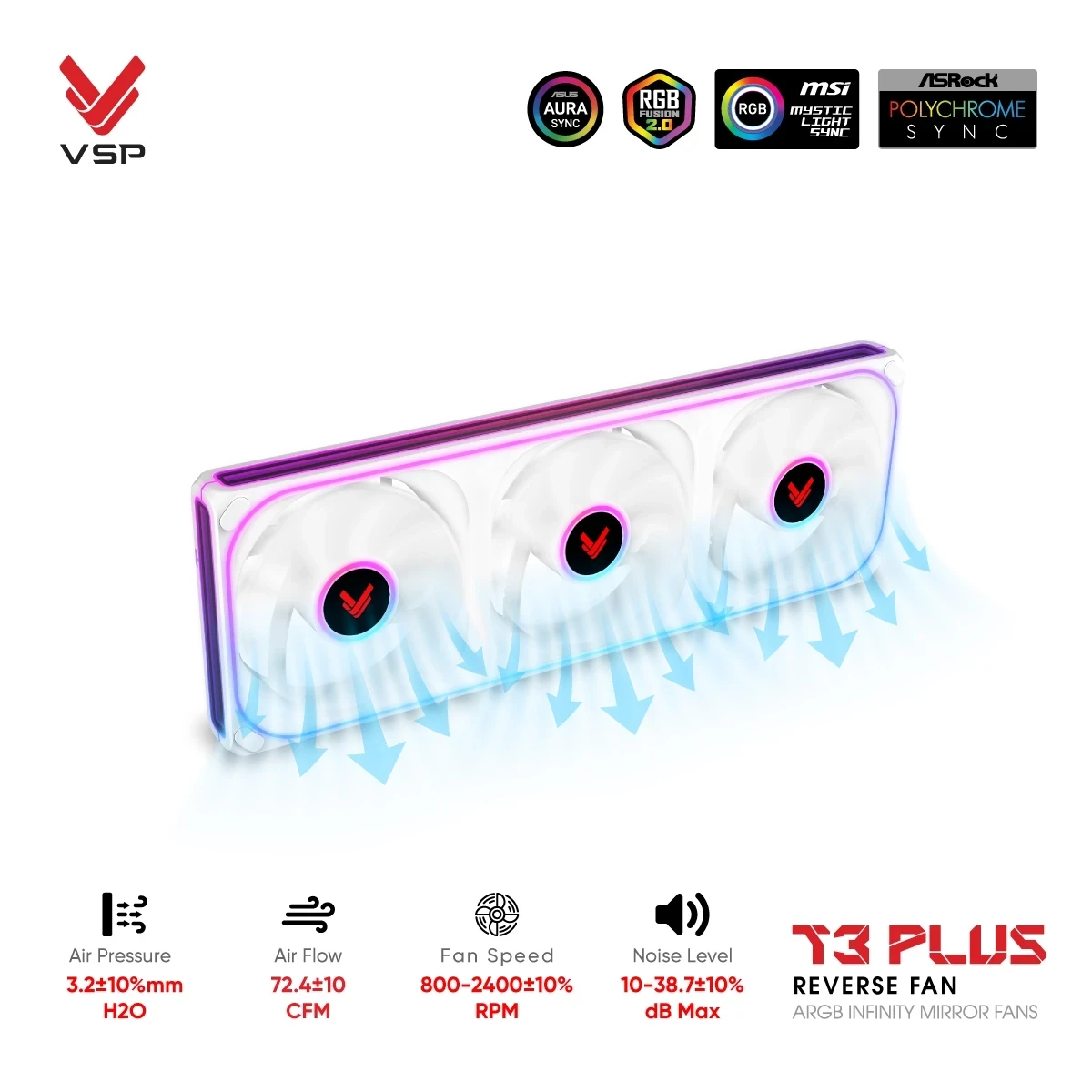 Quạt Tản Nhiệt VSP T3 PLUS Reverse Fan Trắng (ARGB Infinity Mirror / Fan 3 Liền Khối Cánh Ngược)