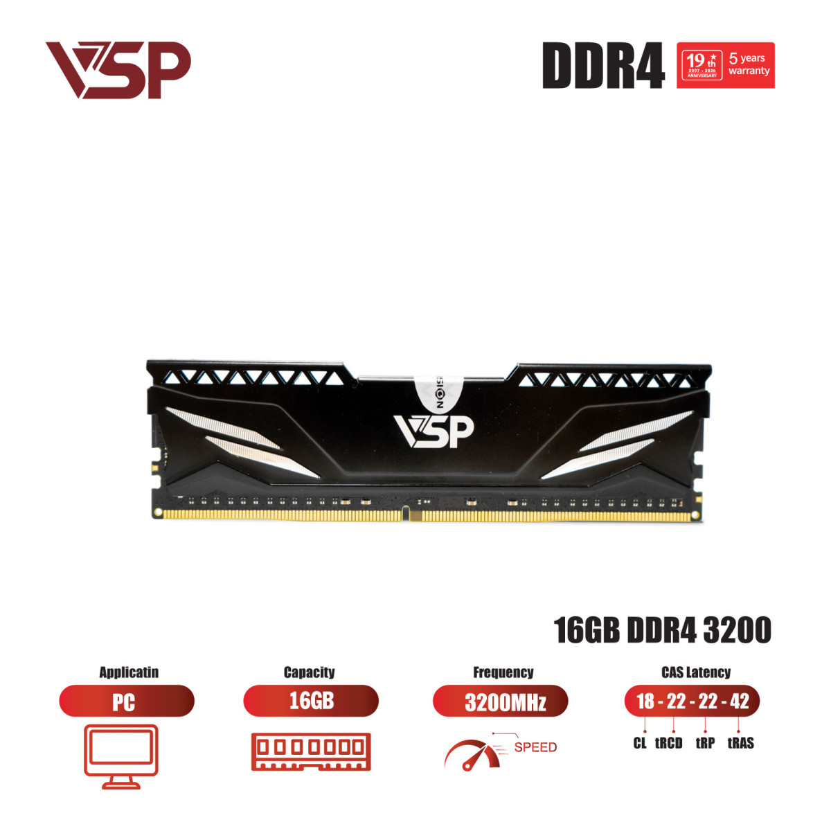 Bộ Nhớ RAM VSP 16GB DDR4 3200MHz (PC Desktop / Tản Nhiệt Nhôm Đen)