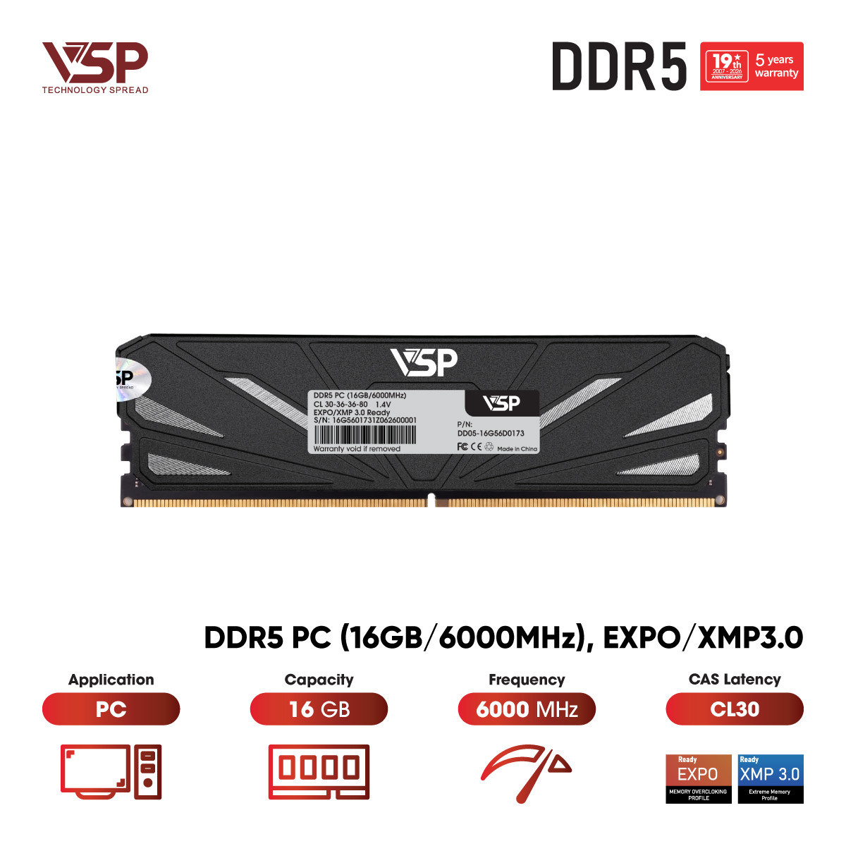 Bộ Nhớ RAM VSP 16GB DDR5 6000MHz (PC Desktop / Tản Nhiệt Nhôm / EXPO & XMP 3.0 / CL30)