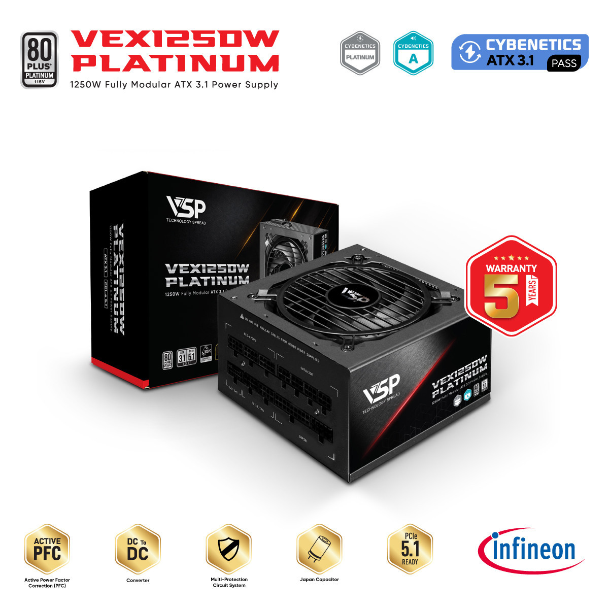 Nguồn Máy Tính VSP VEX1250W Platinum (1250W / 80 Plus Platinum / ATX 3.1 / PCIe 5.1 / Tụ Nhật)