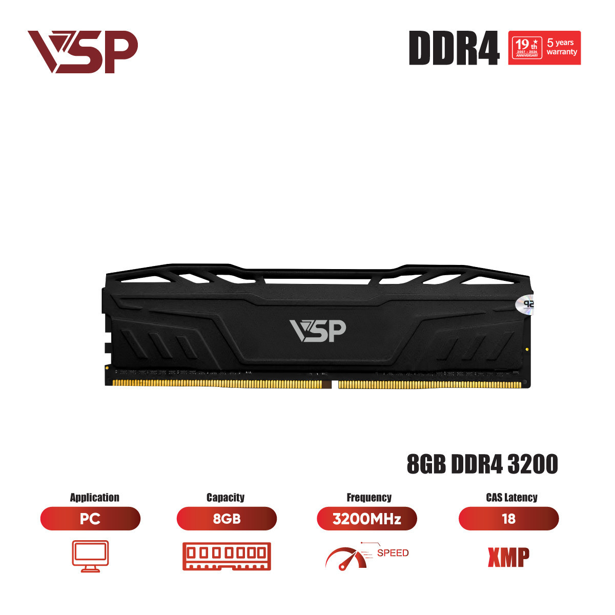 Bộ Nhớ RAM VSP 8GB DDR4 3200MHz XMP (PC Desktop / Tản Nhiệt Nhôm Đen)