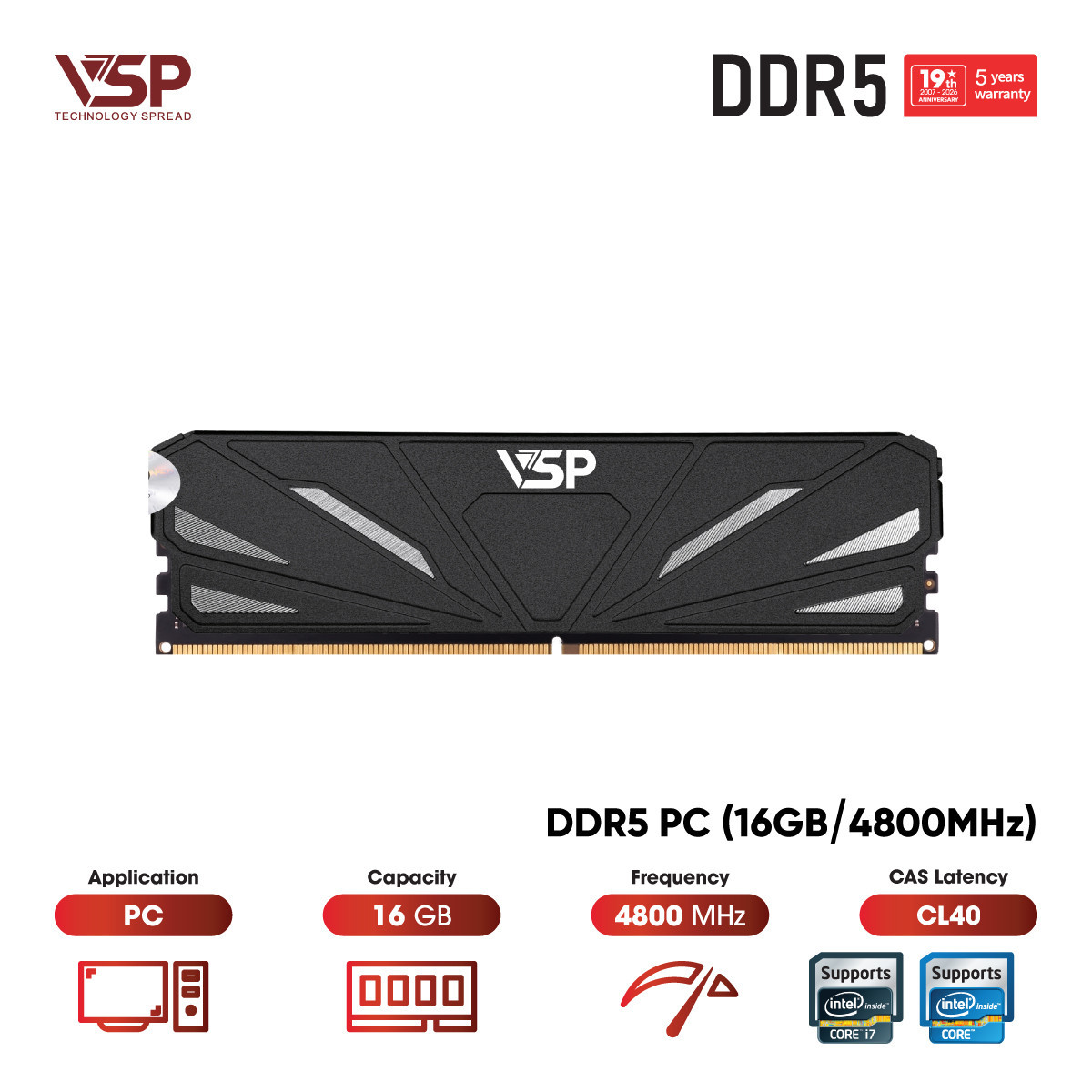 Bộ nhớ RAM VSP 16GB DDR5 4800MHz (PC Desktop / Tản nhiệt nhôm / Tối ưu cho Intel)