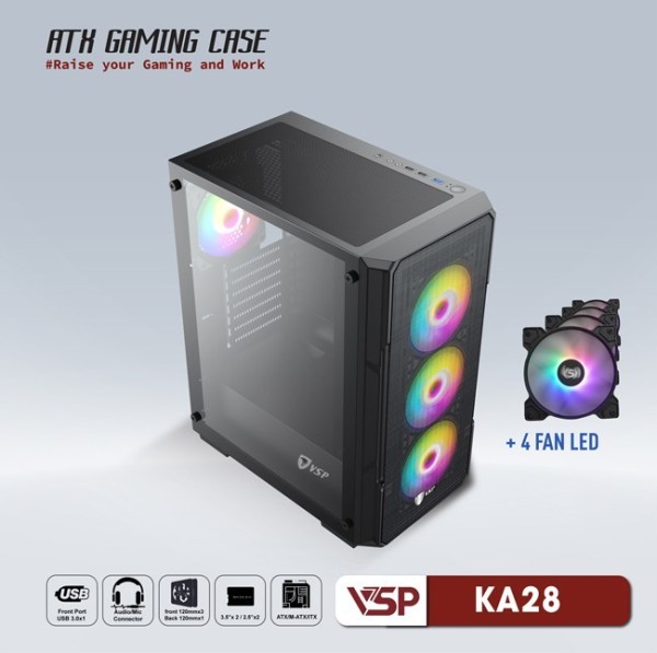 Vỏ Case Máy Tính VSP Gaming KA28 - Đen + 4fans Led