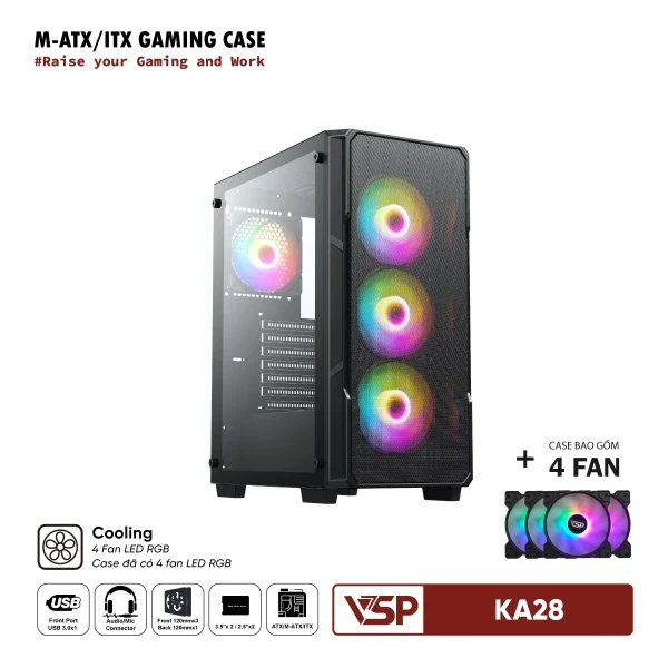 Vỏ Case Máy Tính VSP Gaming KA28 - Đen + 4fans Led