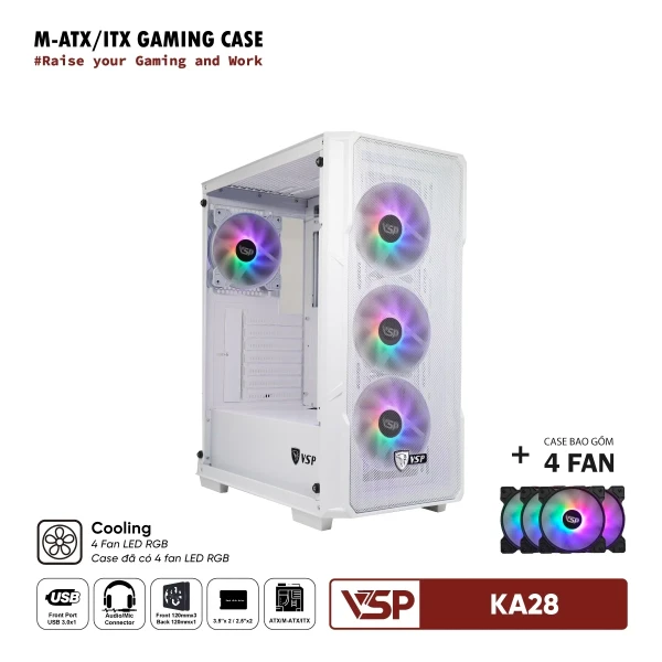 Vỏ Case Máy Tính VSP Gaming KA28 - Trắng + 4fans Led