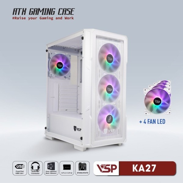 Vỏ Case Máy Tính VSP Gaming KA27 - Trắng + 4fans Led