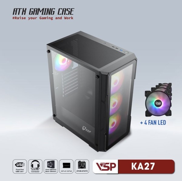 Vỏ Case Máy Tính VSP Gaming KA27 - Đen + 4fans Led
