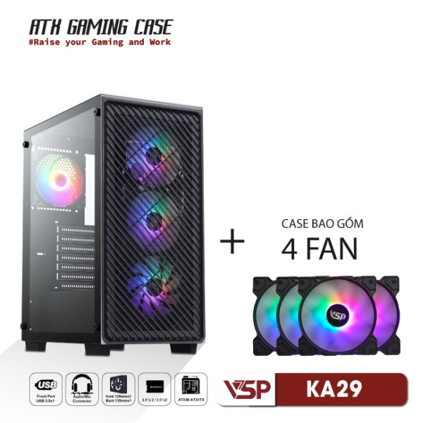 Vỏ Case Máy Tính VSP Gaming KA29 - Đen + 4fans Led