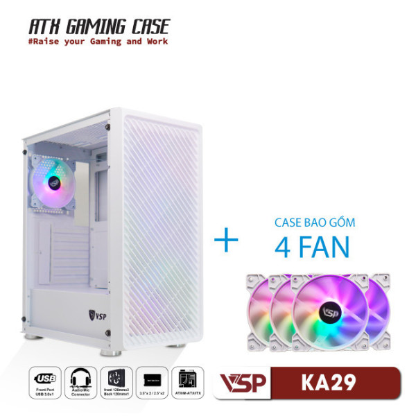 Vỏ Case Máy Tính VSP Gaming KA29 - Trắng + 4fans Led