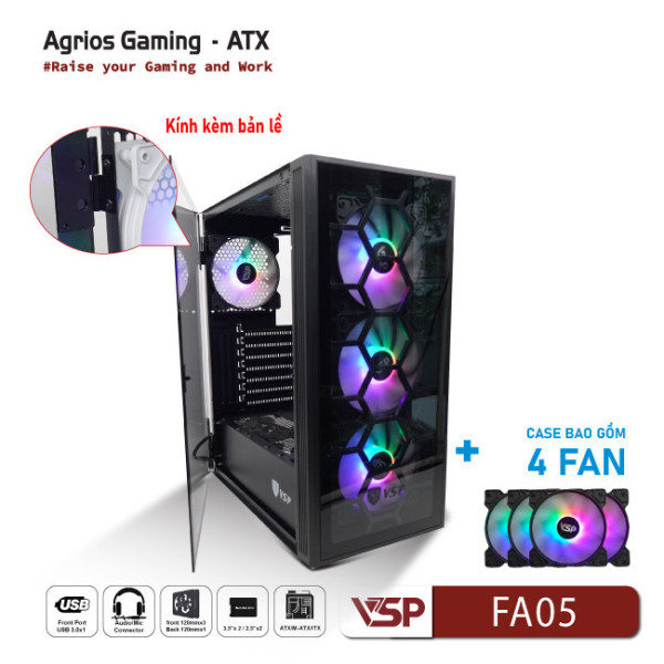 Vỏ Case Máy Tính VSP Gaming FA05 - Đen + 4Fans Led