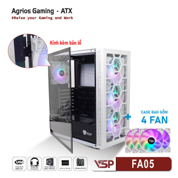 Vỏ Case Máy Tính VSP Gaming FA05 - Trắng + 4Fans Led