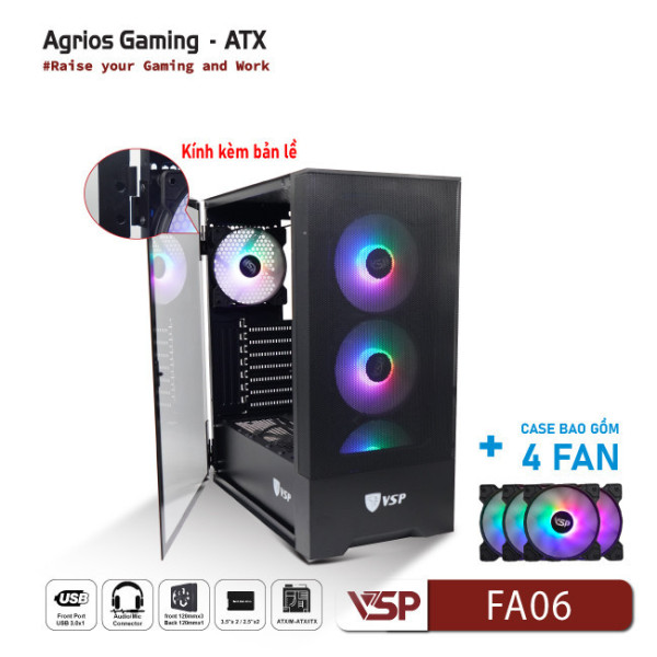 Vỏ Case Máy Tính VSP Gaming FA06- Đen + 4Fans Led