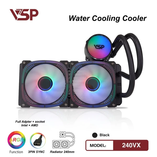 Tản Nhiệt Nước AIO VSP 240VX Đen (ARGB 3-Pin Sync / 240mm / Bơm Ceramic)