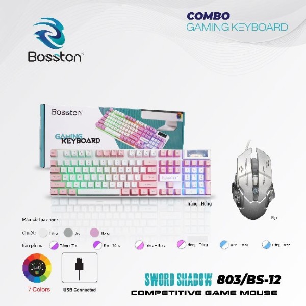 Combo Bàn Phím Giả Cơ Bosston 803 + Mouse Gaming BS12 Led | Trắng - Hồng