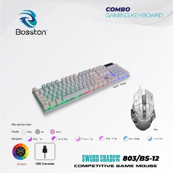 Combo bàn phím giả cơ Bosston 803 + Chuột gaming BS12 đèn Led | Xanh-Trắng